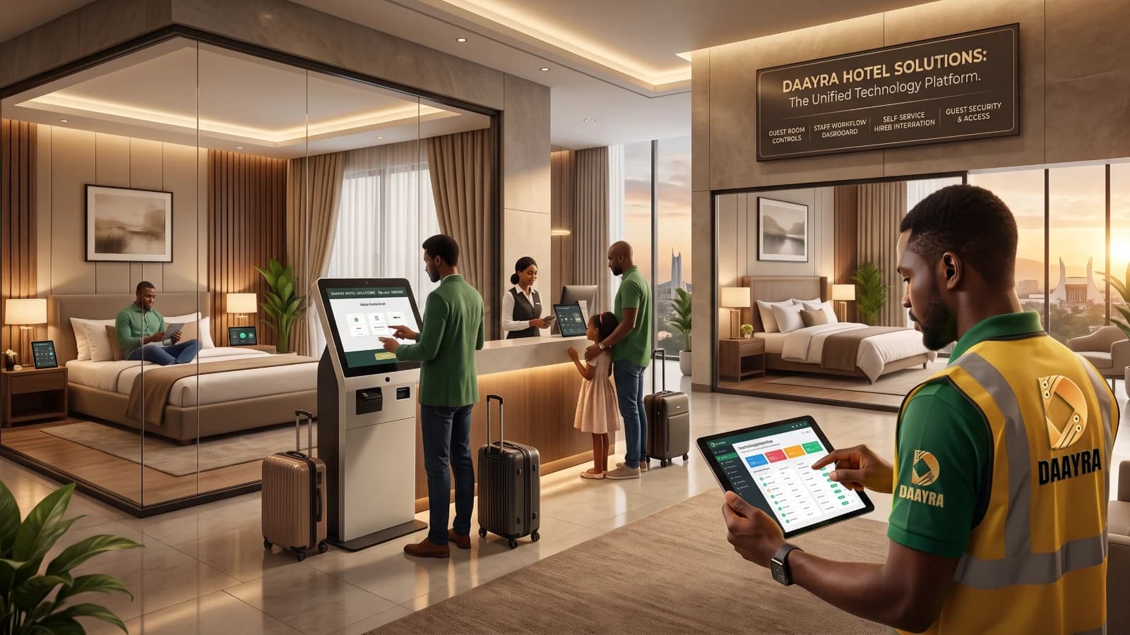 Smart hotel room automation and digital guest access control systems deployed by Daayra hospitality tech.